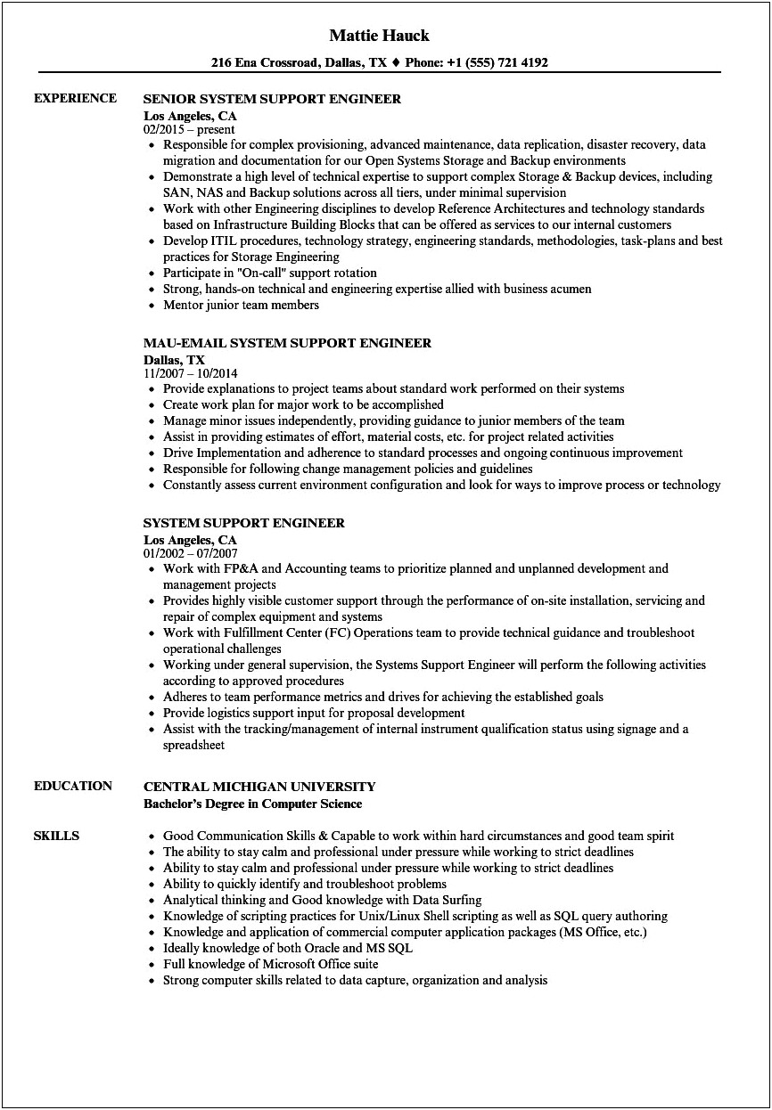 Sample Resume For Application Support Engineer
