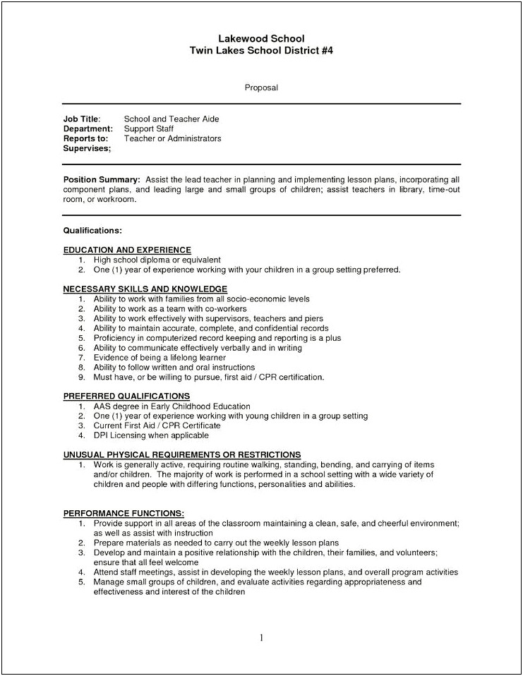 Sample Resume For Applying As A Preschool Aide