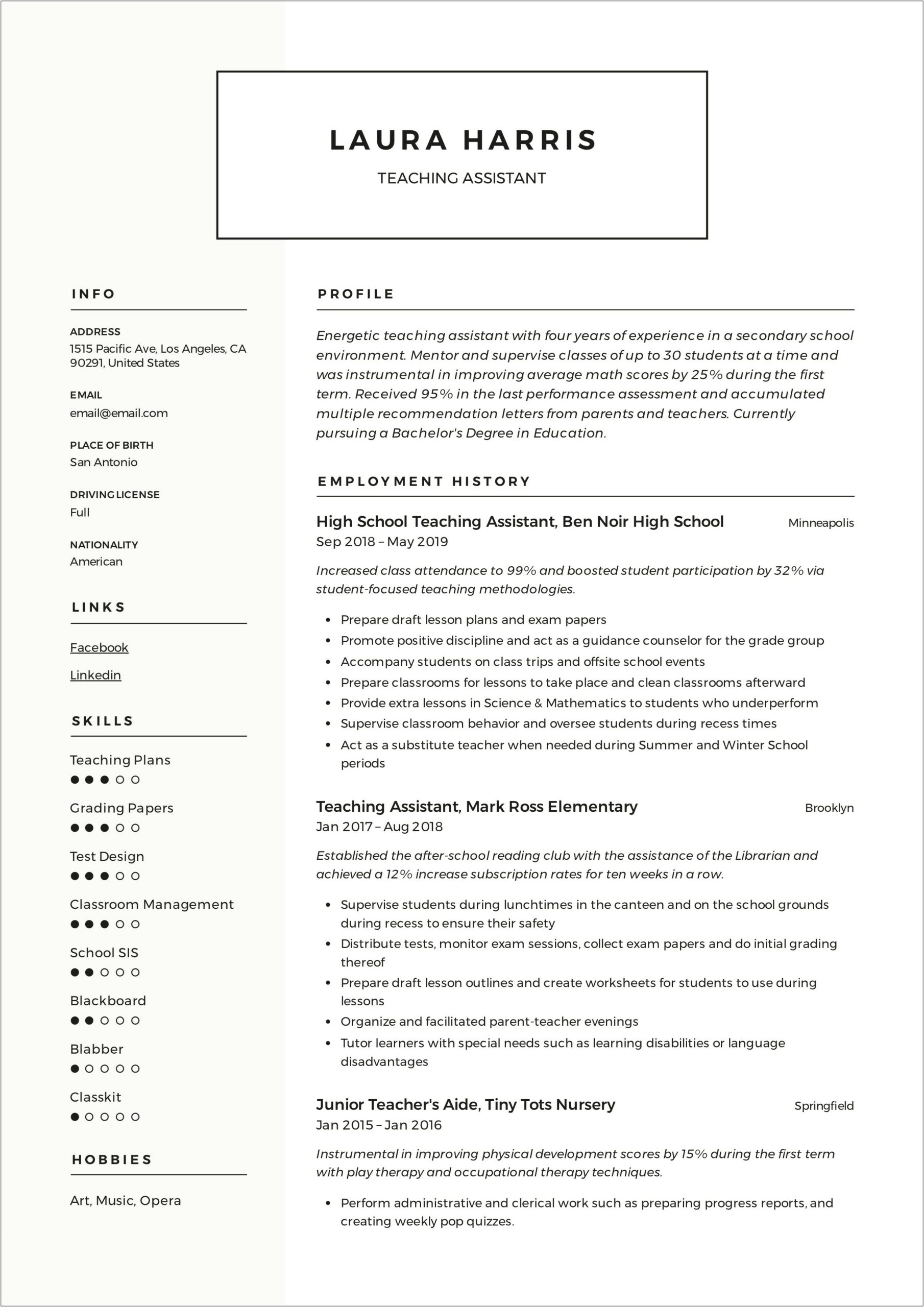 Sample Resume For Applying As A Teacher Aide