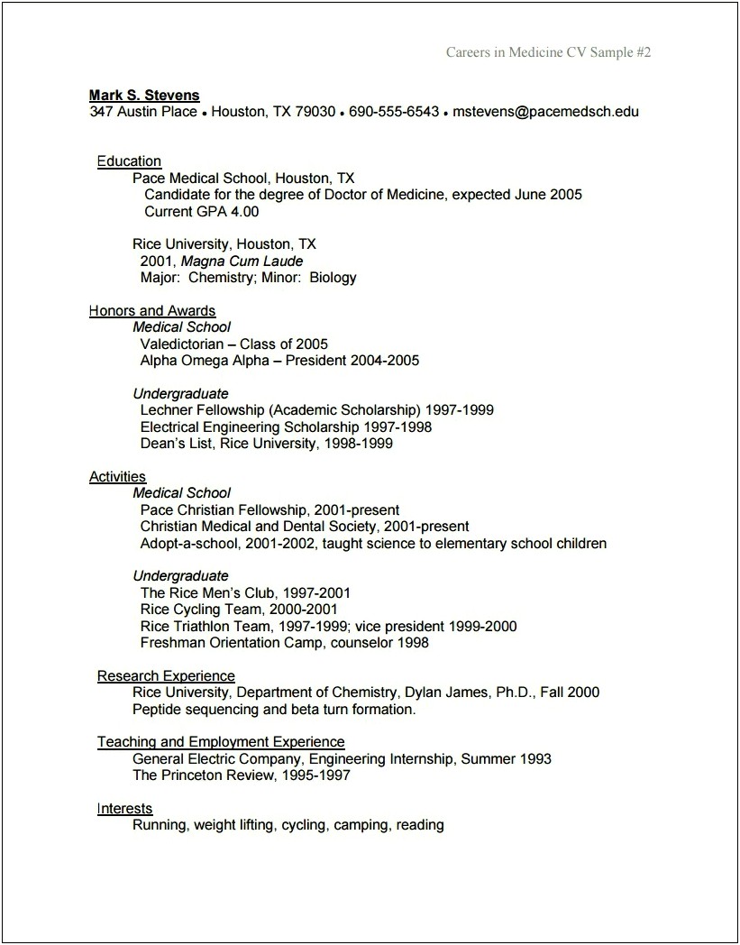 Sample Resume For Applying To Medical School