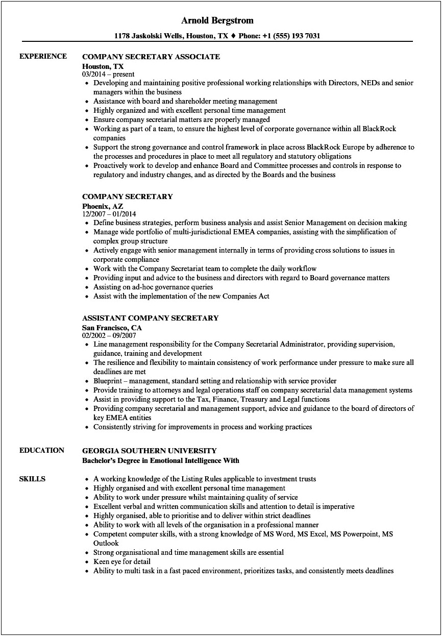 Sample Resume For Assistant Company Secretary