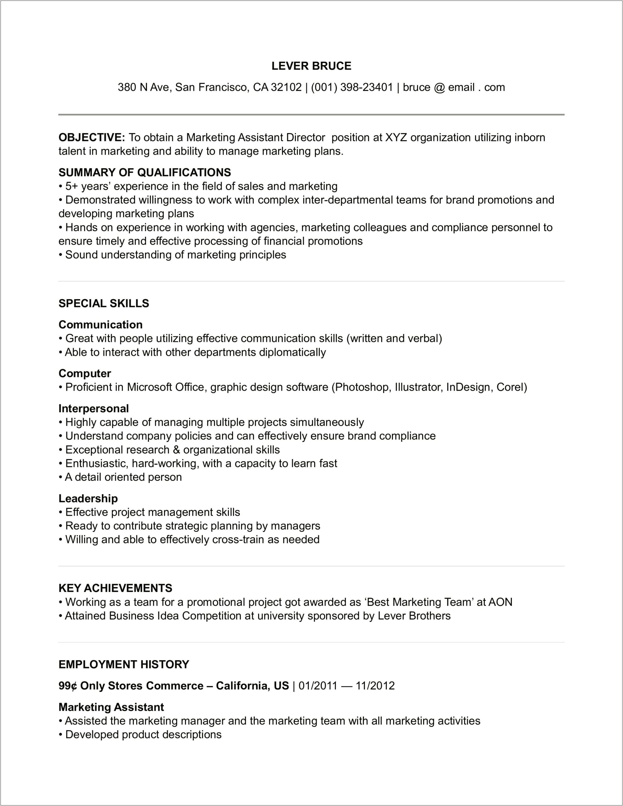 Sample Resume For Assistant Director Of Business Operations