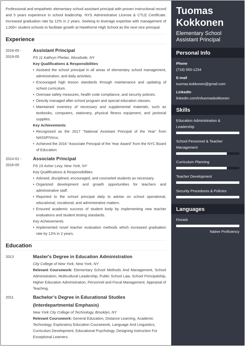 Sample Resume For Assistant Principal Job