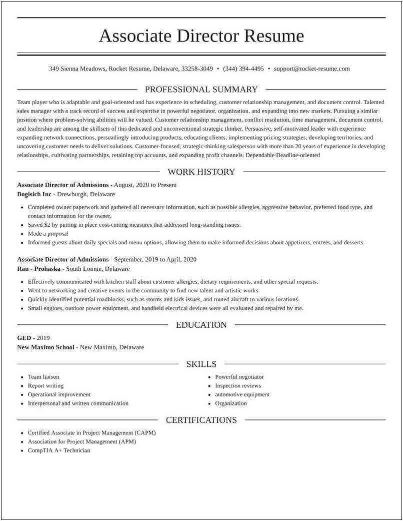 Sample Resume For Associate Director Of Admissions