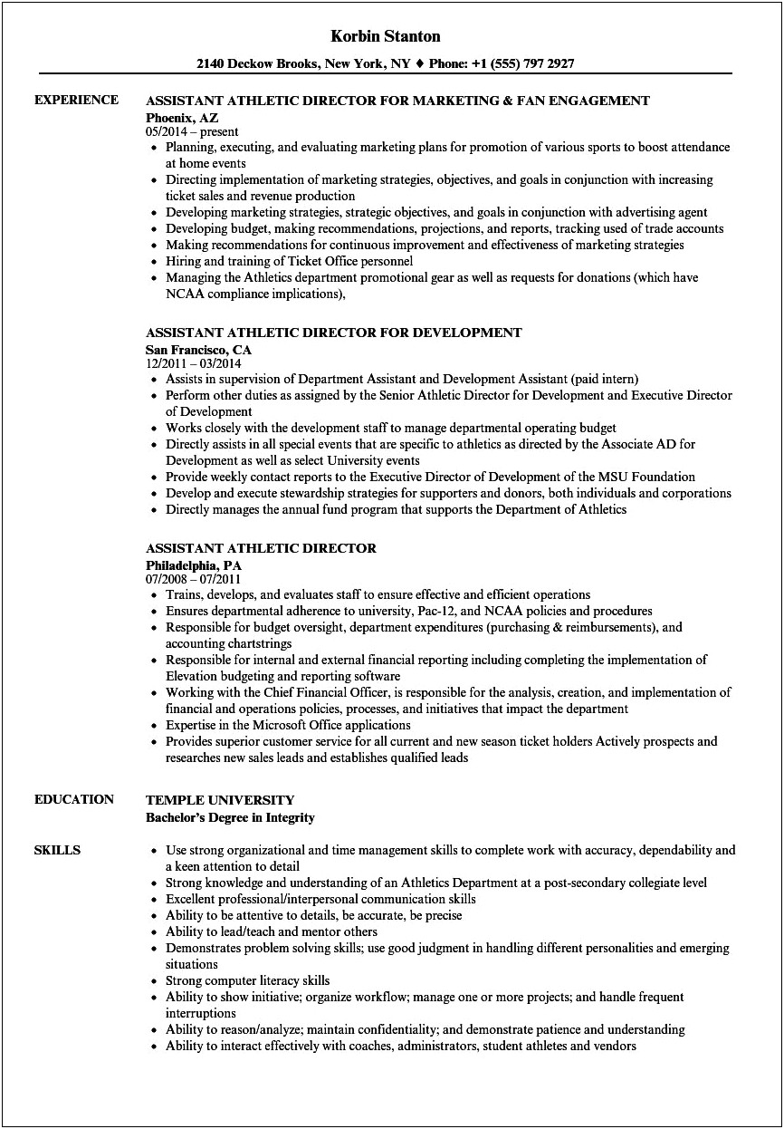 Sample Resume For Athletic Director Position