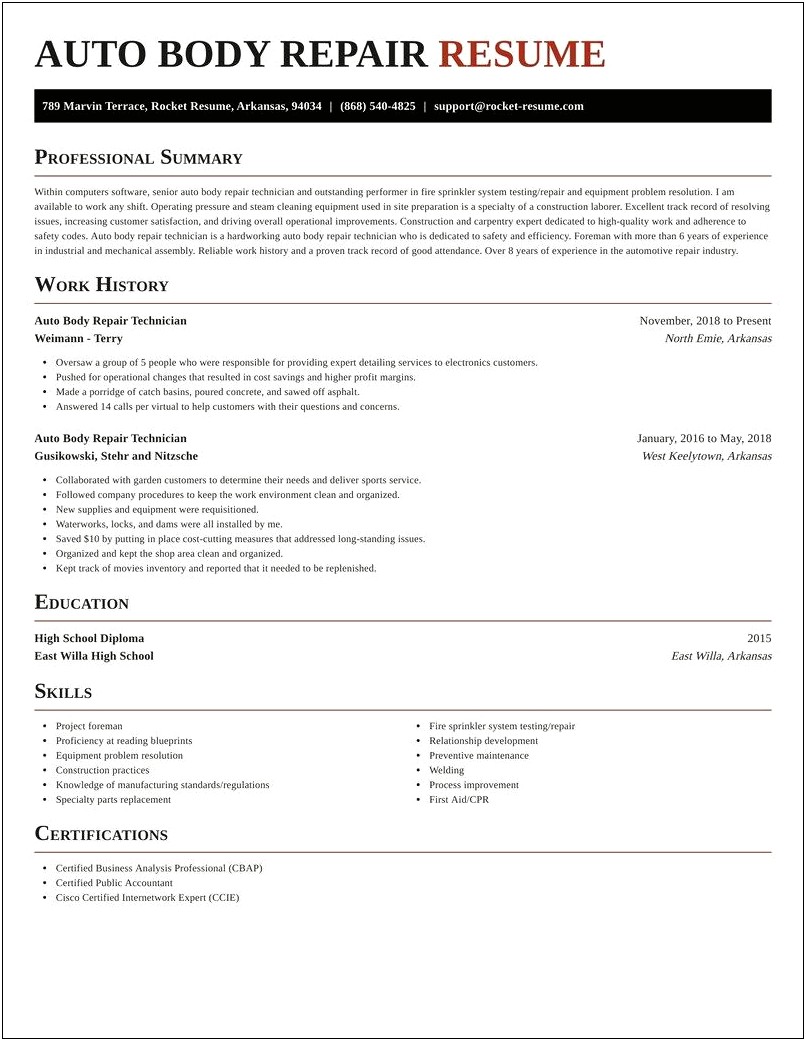Sample Resume For Auto Collision Repair Technician