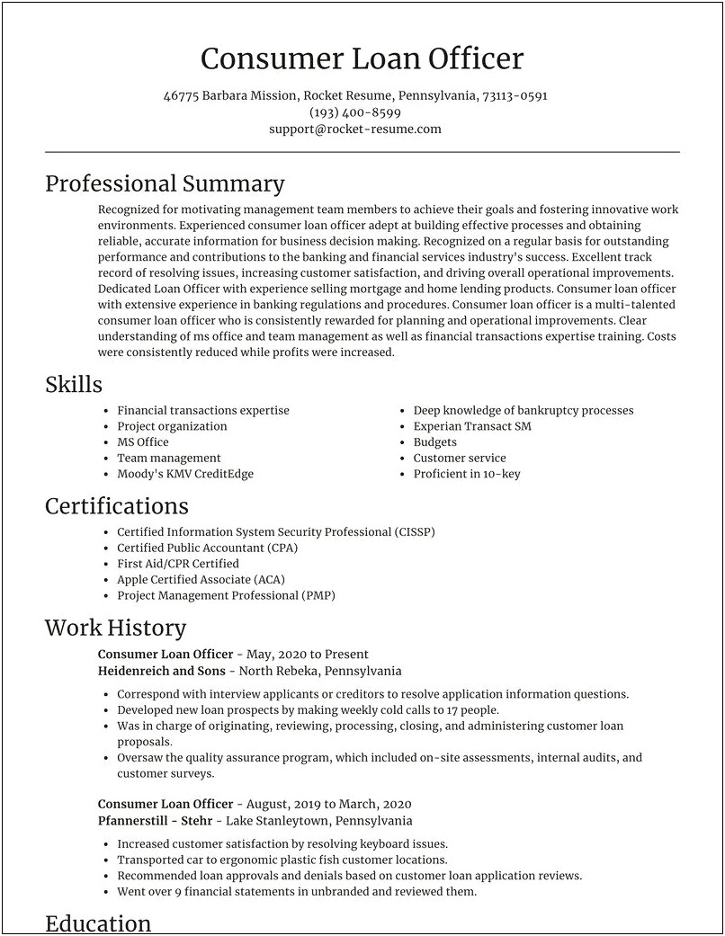 Sample Resume For Auto Loan Officer