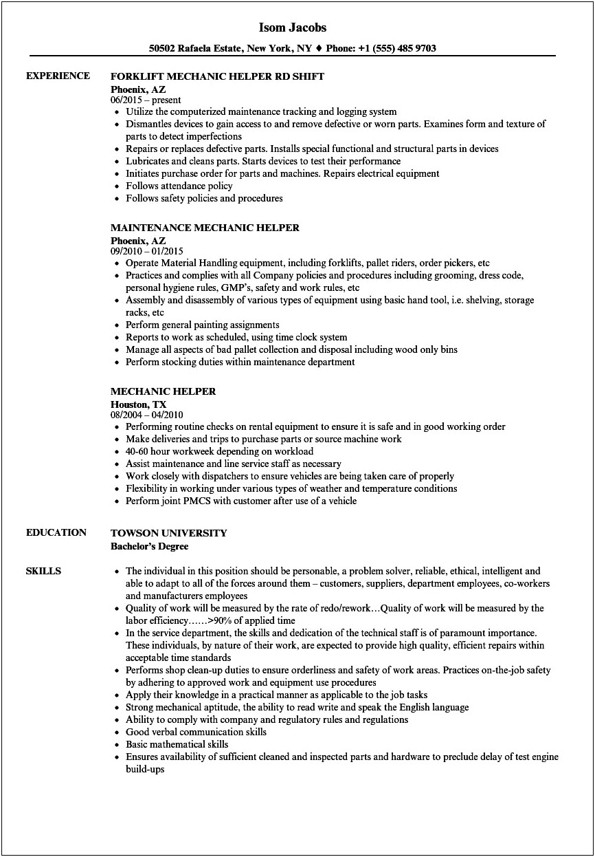 Sample Resume For Auto Mechanic Assistant