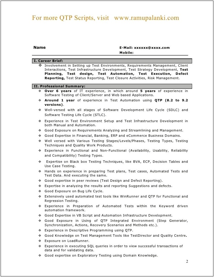 Sample Resume For Automation Test Engineer