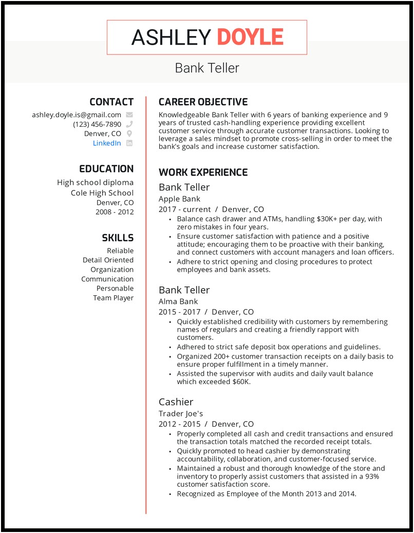 Sample Resume For Bank Teller Supervisor