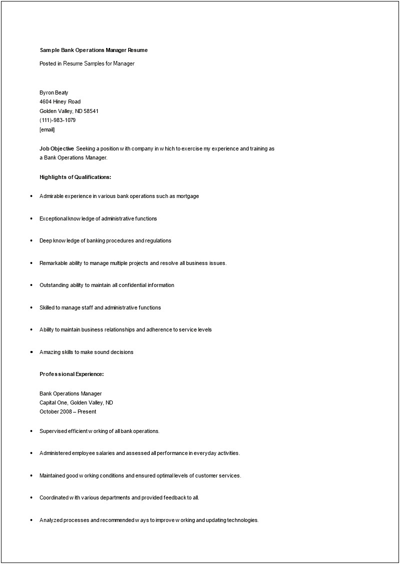 Sample Resume For Banking Operations Manager