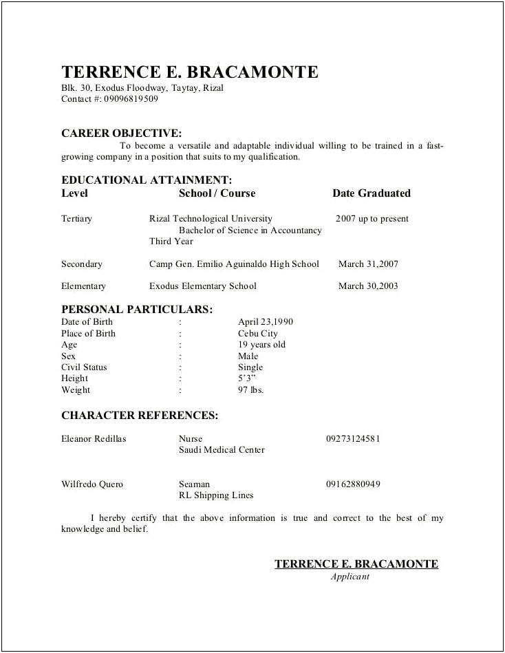Sample Resume For Call Center Applicant Without Experience