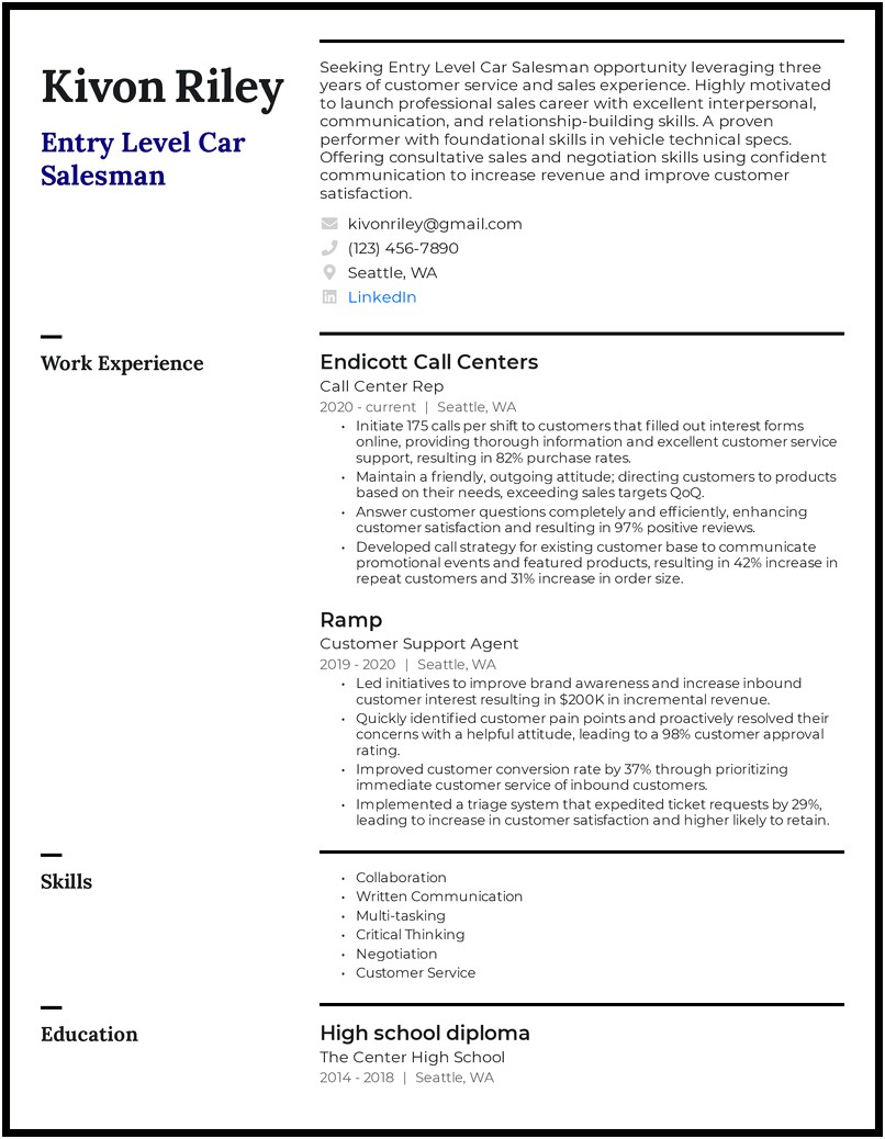 Sample Resume For Car Salesman With No Experience