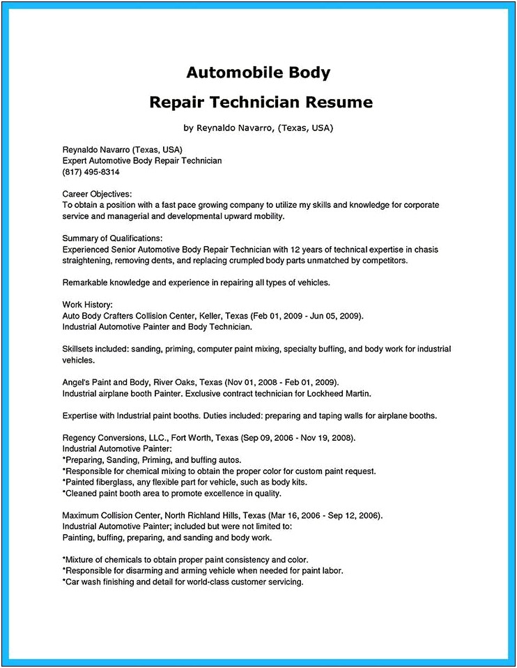 Sample Resume For Car Wash Technician