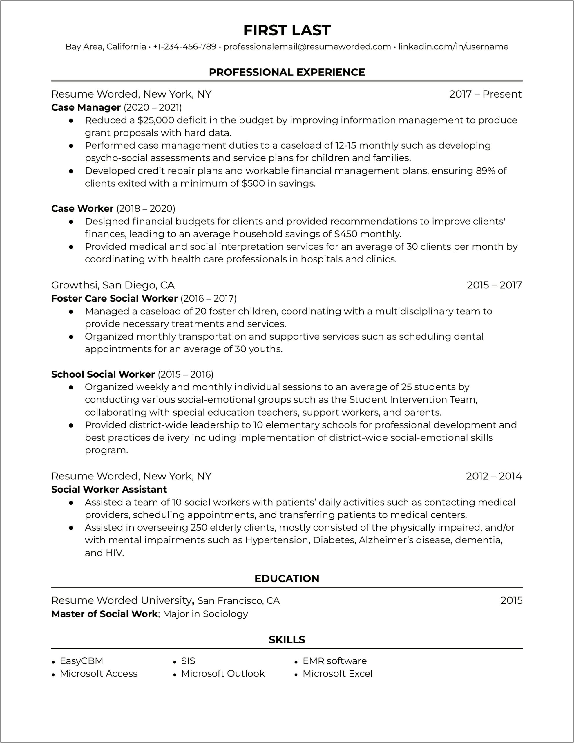 Sample Resume For Case Manager Social Work