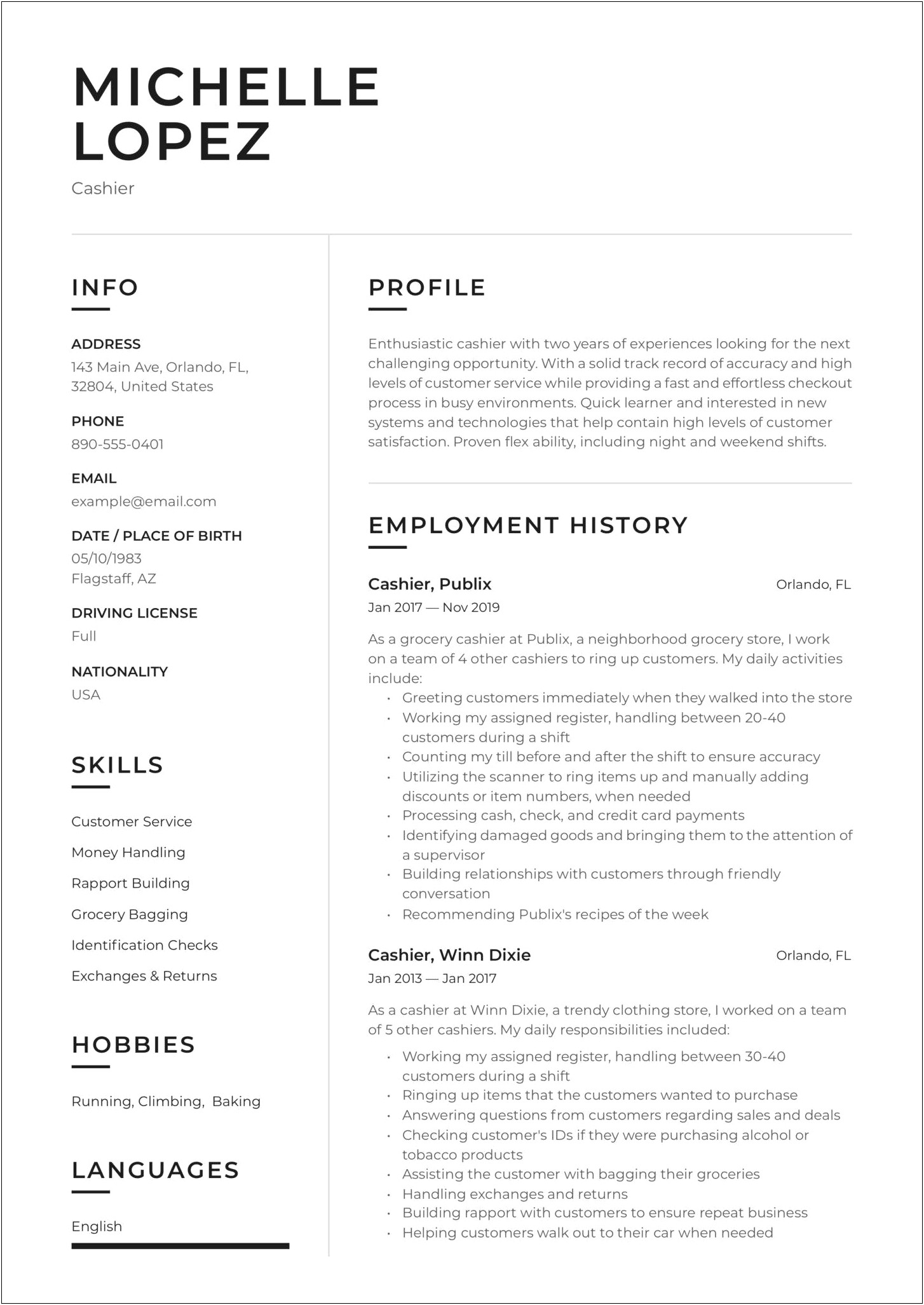 Sample Resume For Cashier And Customer Service