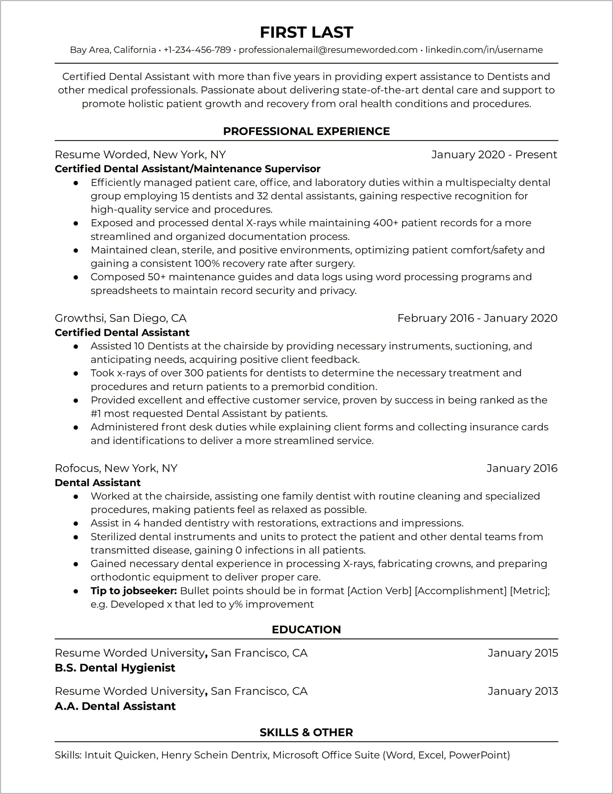 Sample Resume For Certified Dental Assistant