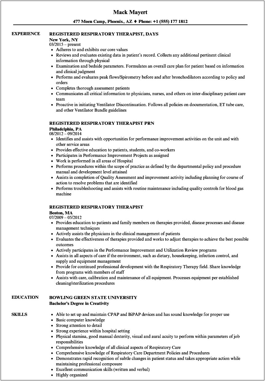 Sample Resume For Certified Respiratory Therapist Objectives