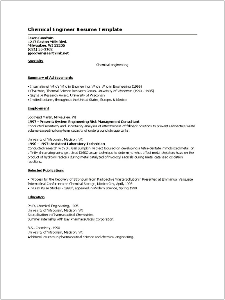 Sample Resume For Chemical Engineering Internship