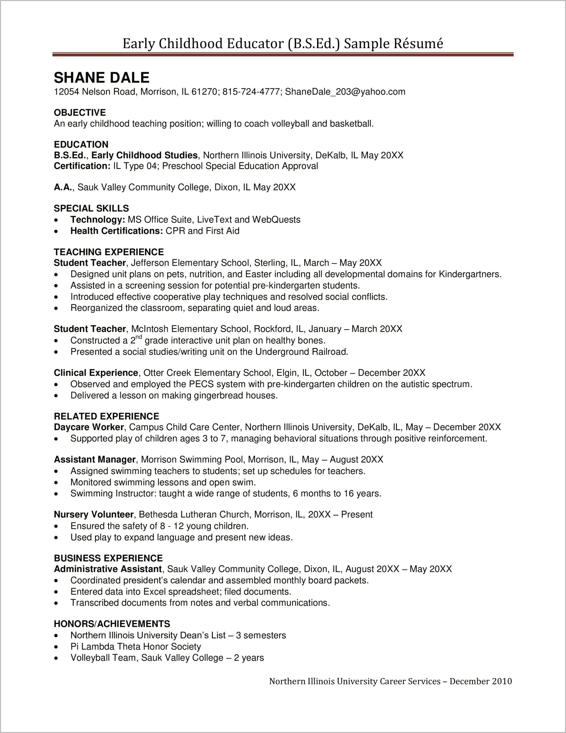 Sample Resume For Childhood Education And Care Service