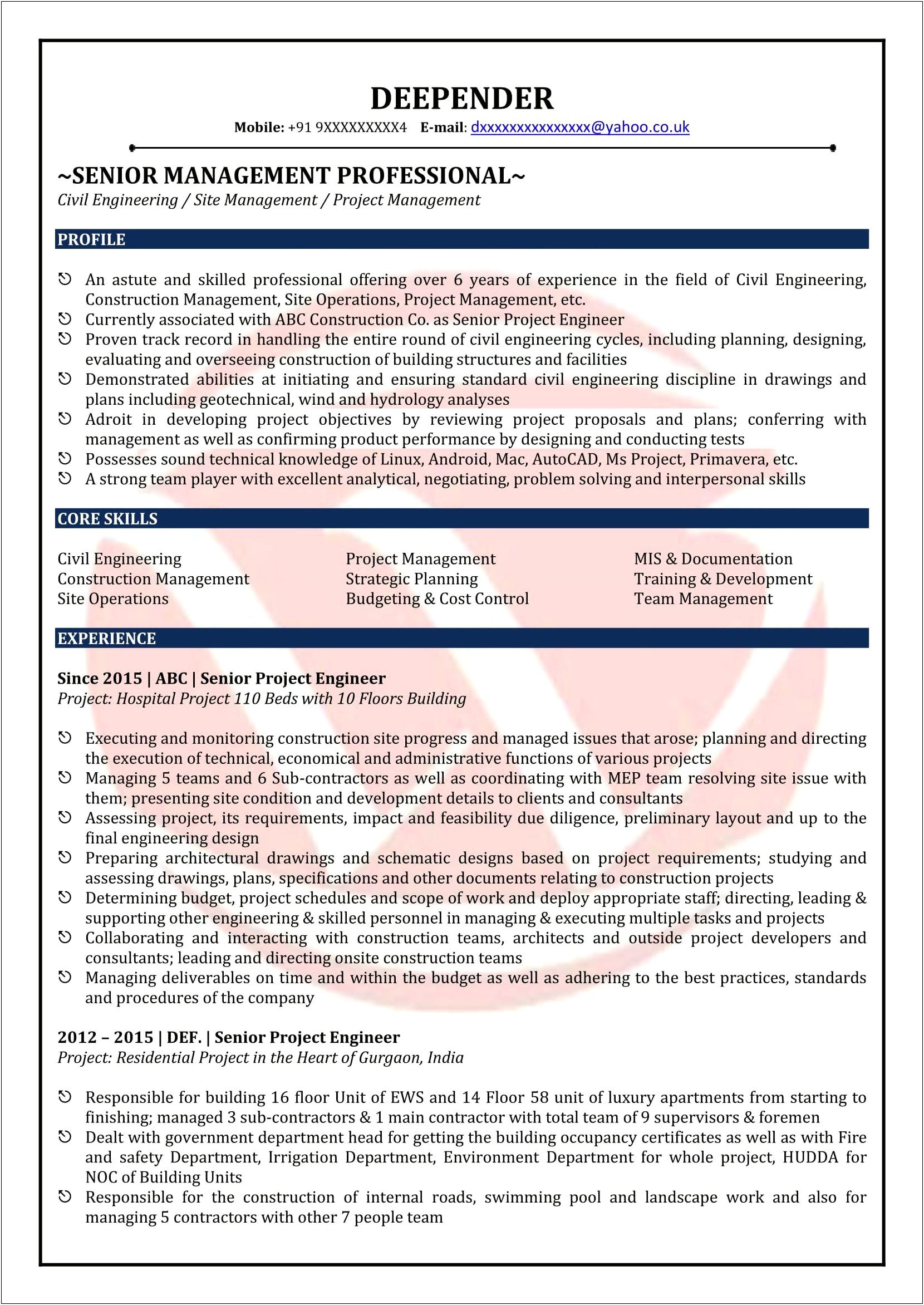 Sample Resume For Civil Engineer Fresher Pdf