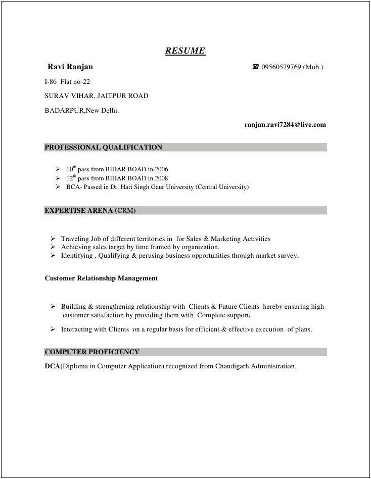 Sample Resume For Class 12th Pass Student