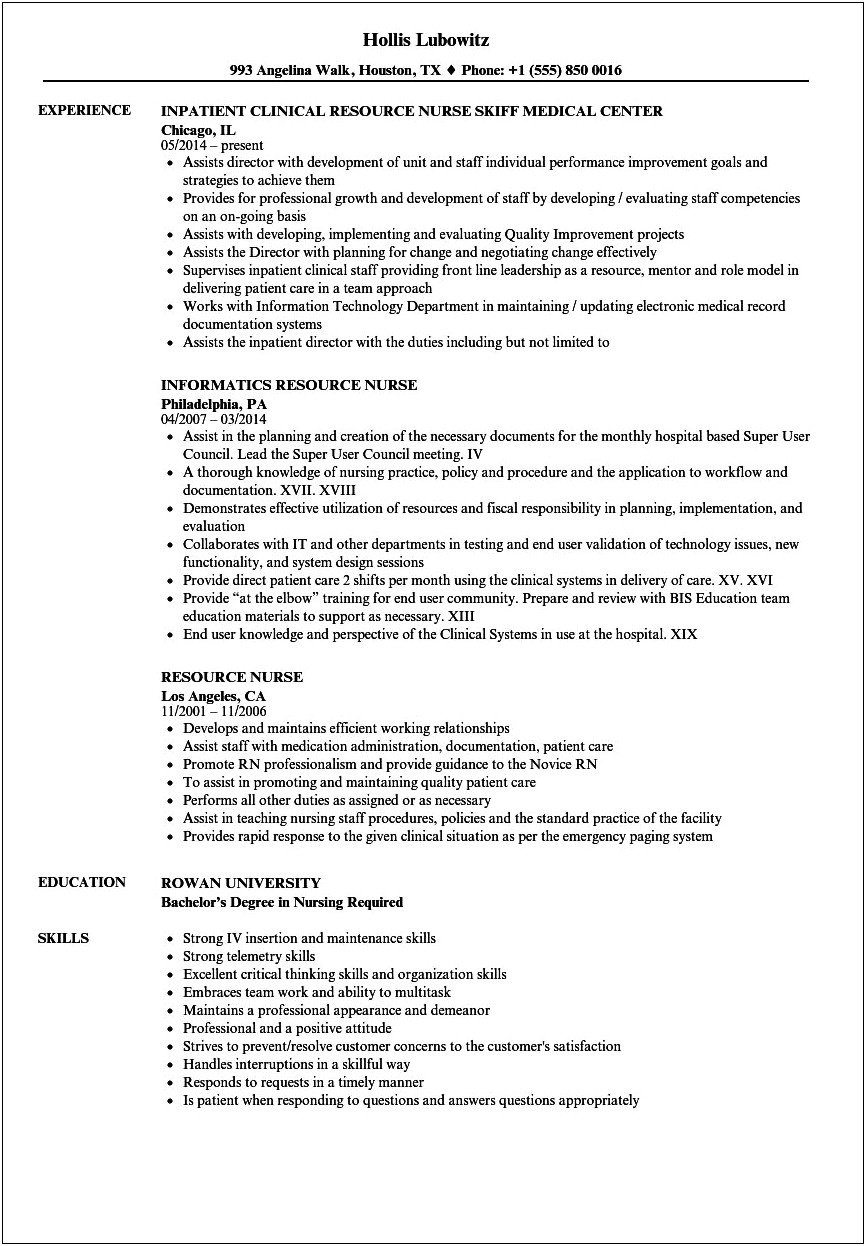 Sample Resume For Clinical Resource Nurse