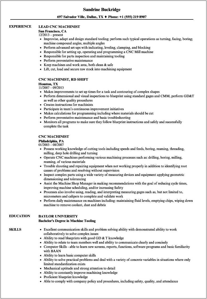 Sample Resume For Cnc Trouble Shooter