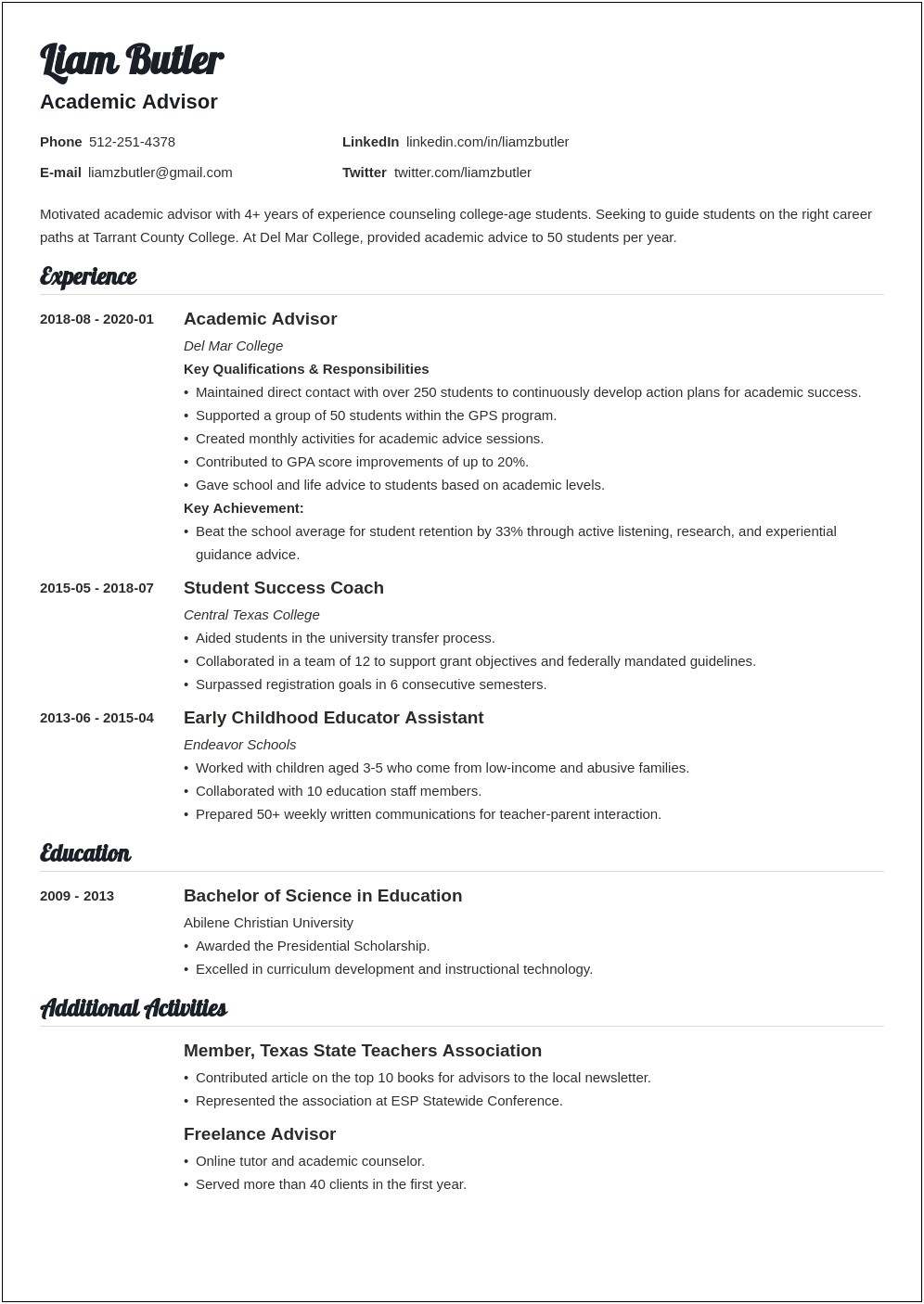 Sample Resume For College Academic Advisor