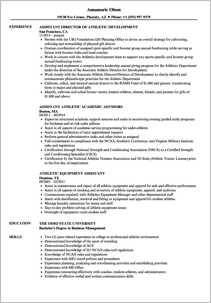 Sample Resume For College Athletic Director Position