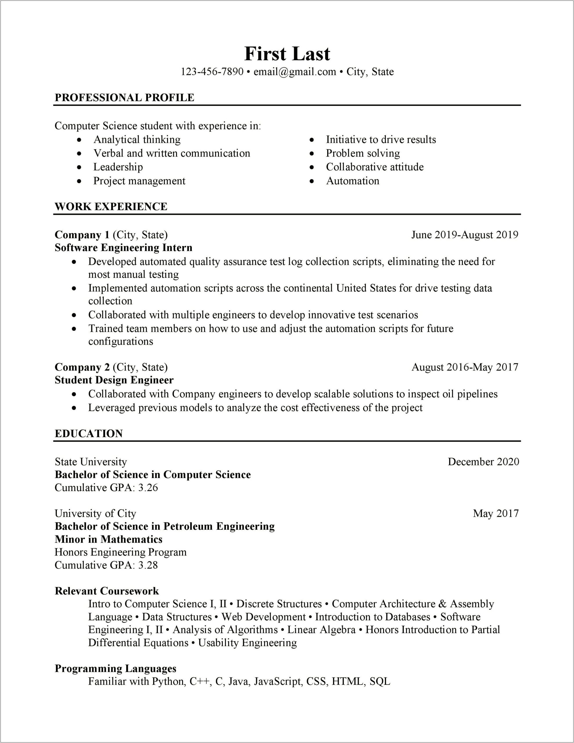 Sample Resume For College Cs Student