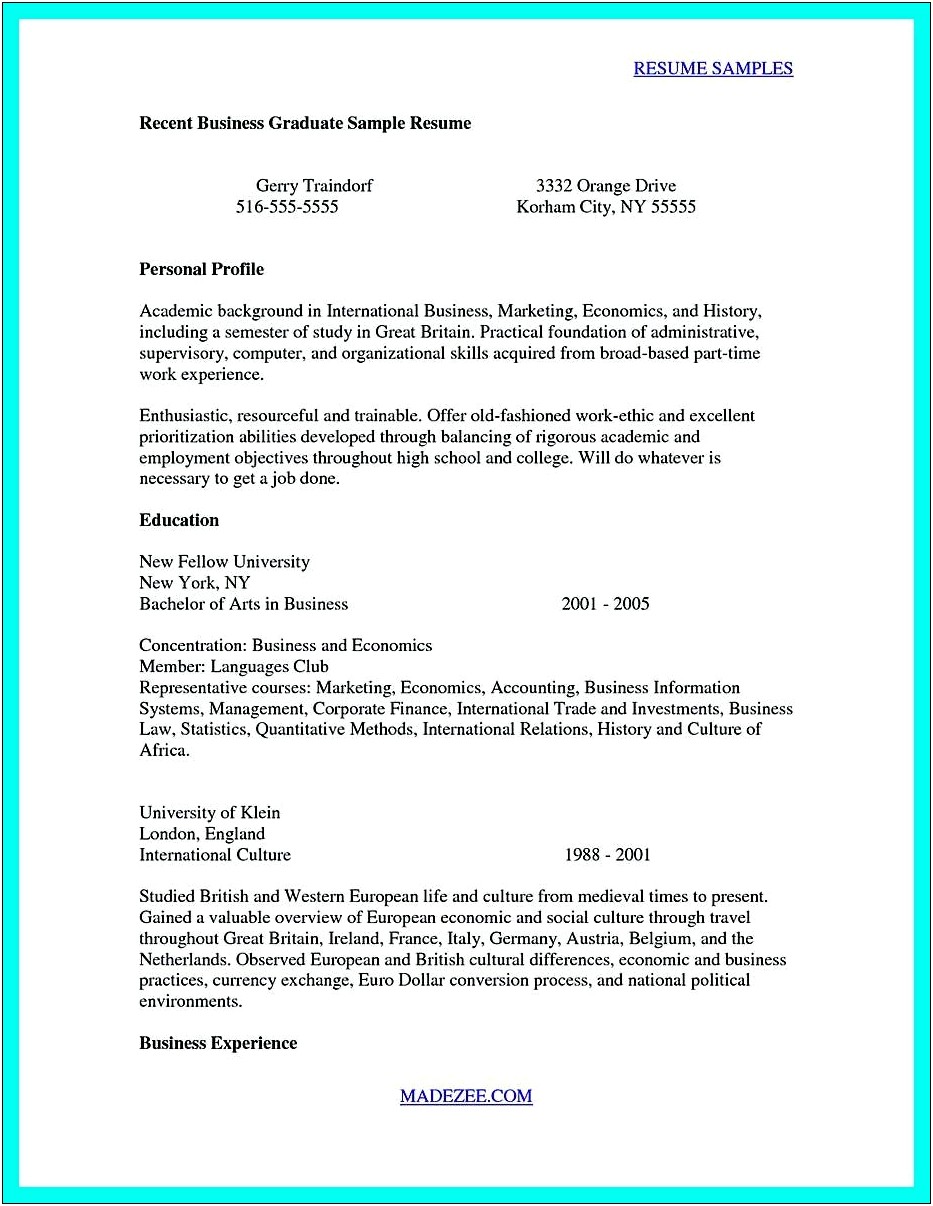 Sample Resume For College Graduate With No Experience
