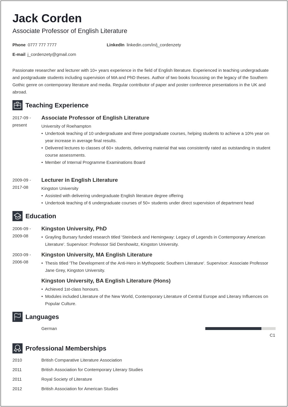 Sample Resume For College Professor Position