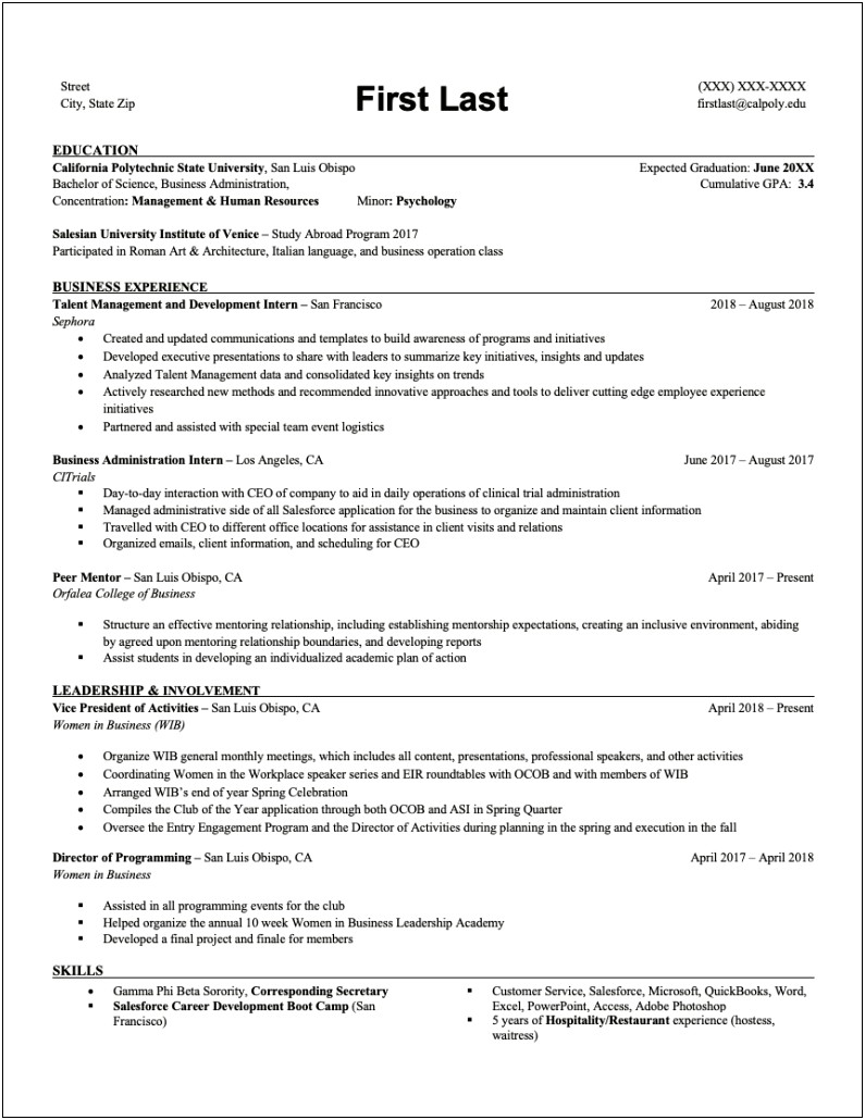 Sample Resume For College Student With Minor