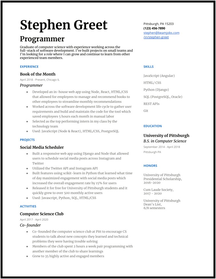 Sample Resume For Computer Programming Student