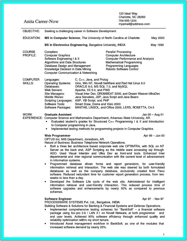 Sample Resume For Computer Science Internship