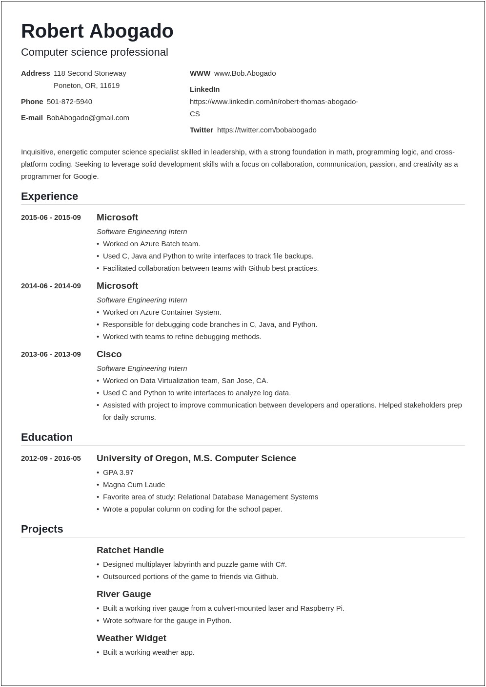 Sample Resume For Computer Science Student