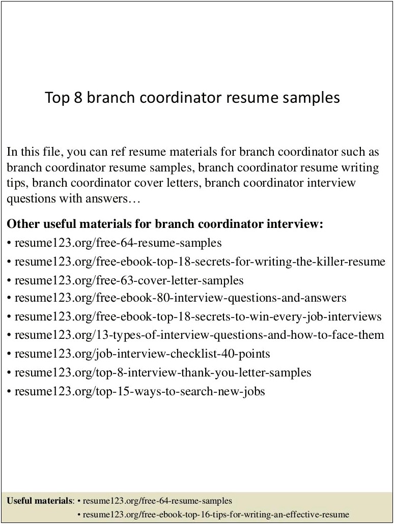 Sample Resume For Construction Branch Coordinator