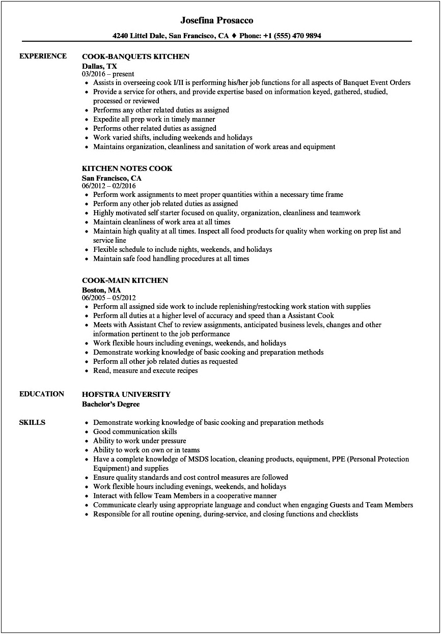 Sample Resume For Cook In Hotel