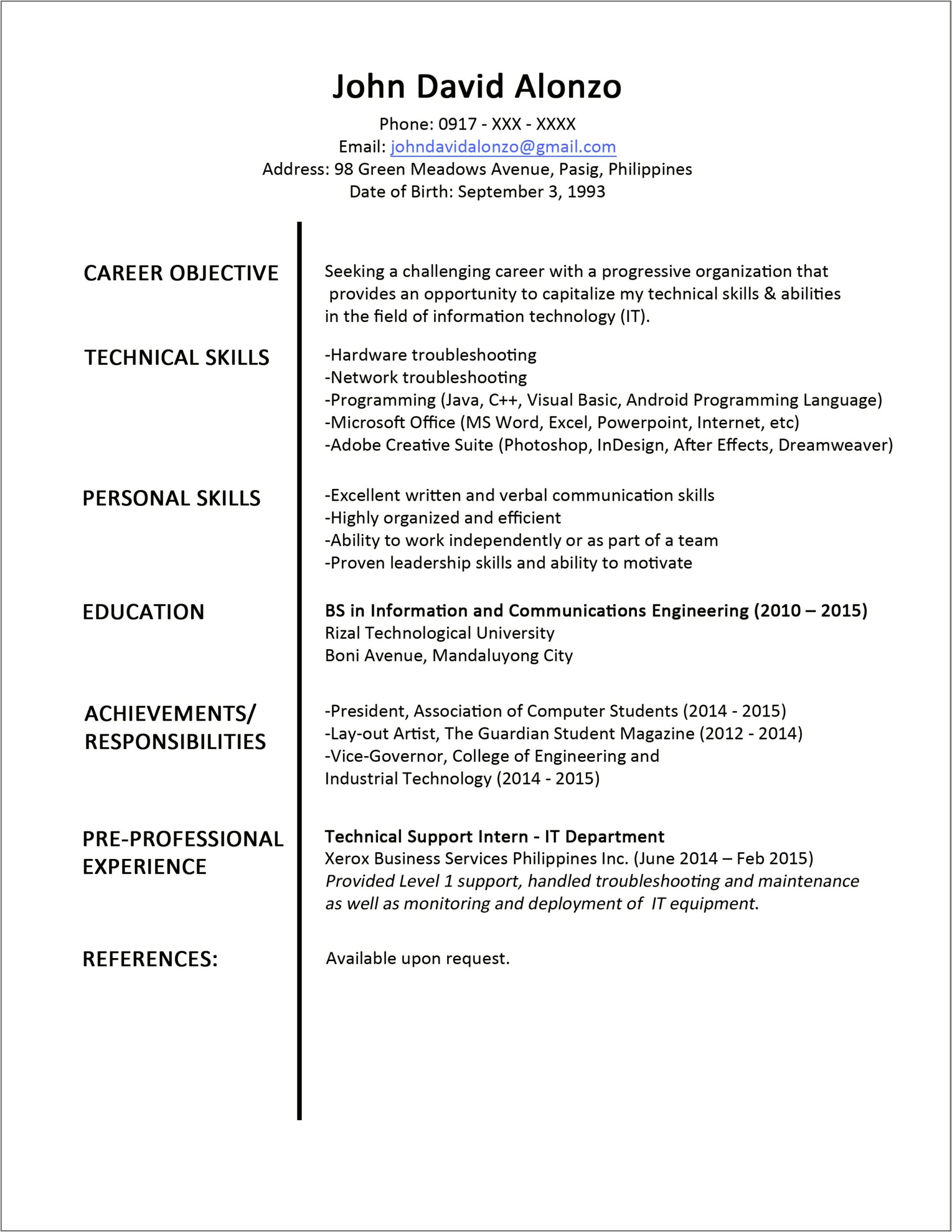 Sample Resume For Cpa Fresh Graduate Philippines