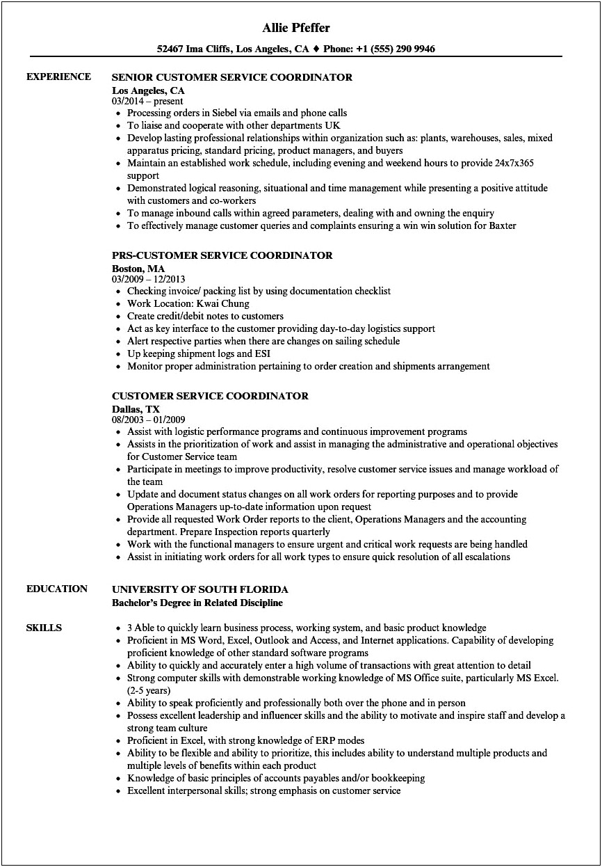 Sample Resume For Customer Service Coordinator