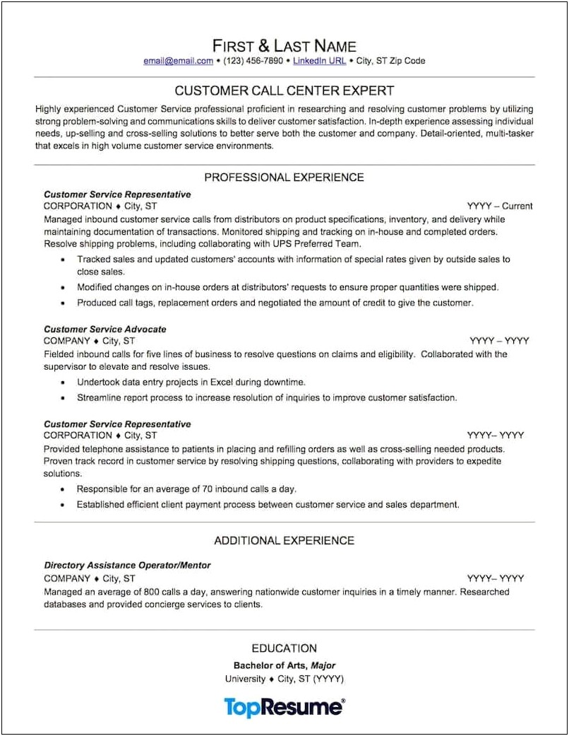 Sample Resume For Customer Service Phone Operator