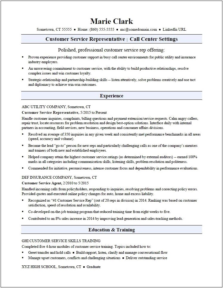 Sample Resume For Customer Service Training