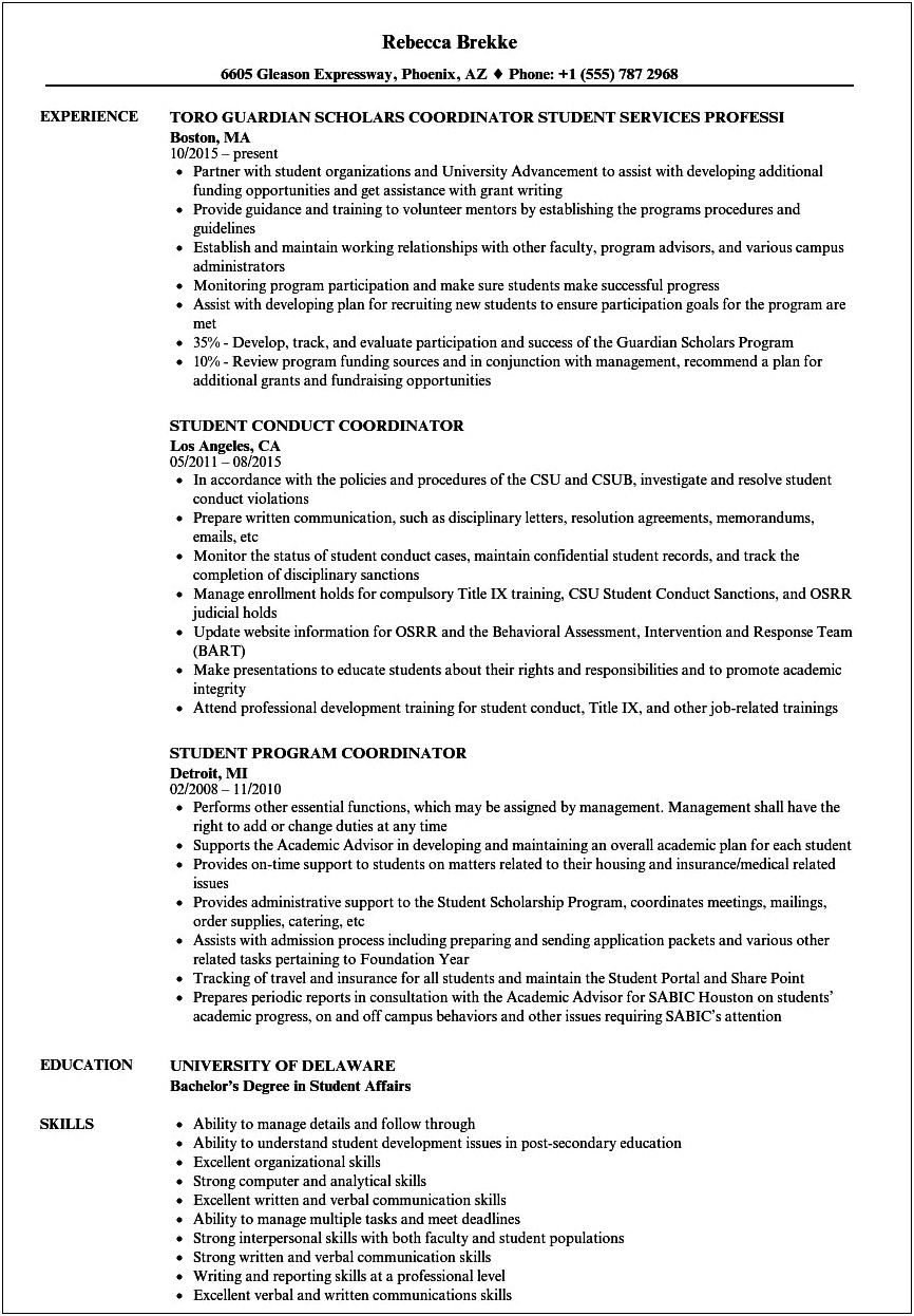 Sample Resume For Director Of Student Conduct
