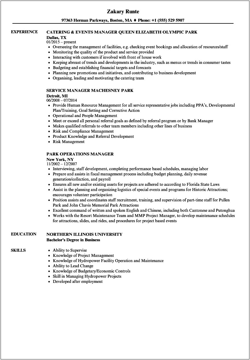Sample Resume For Duty Manager Position