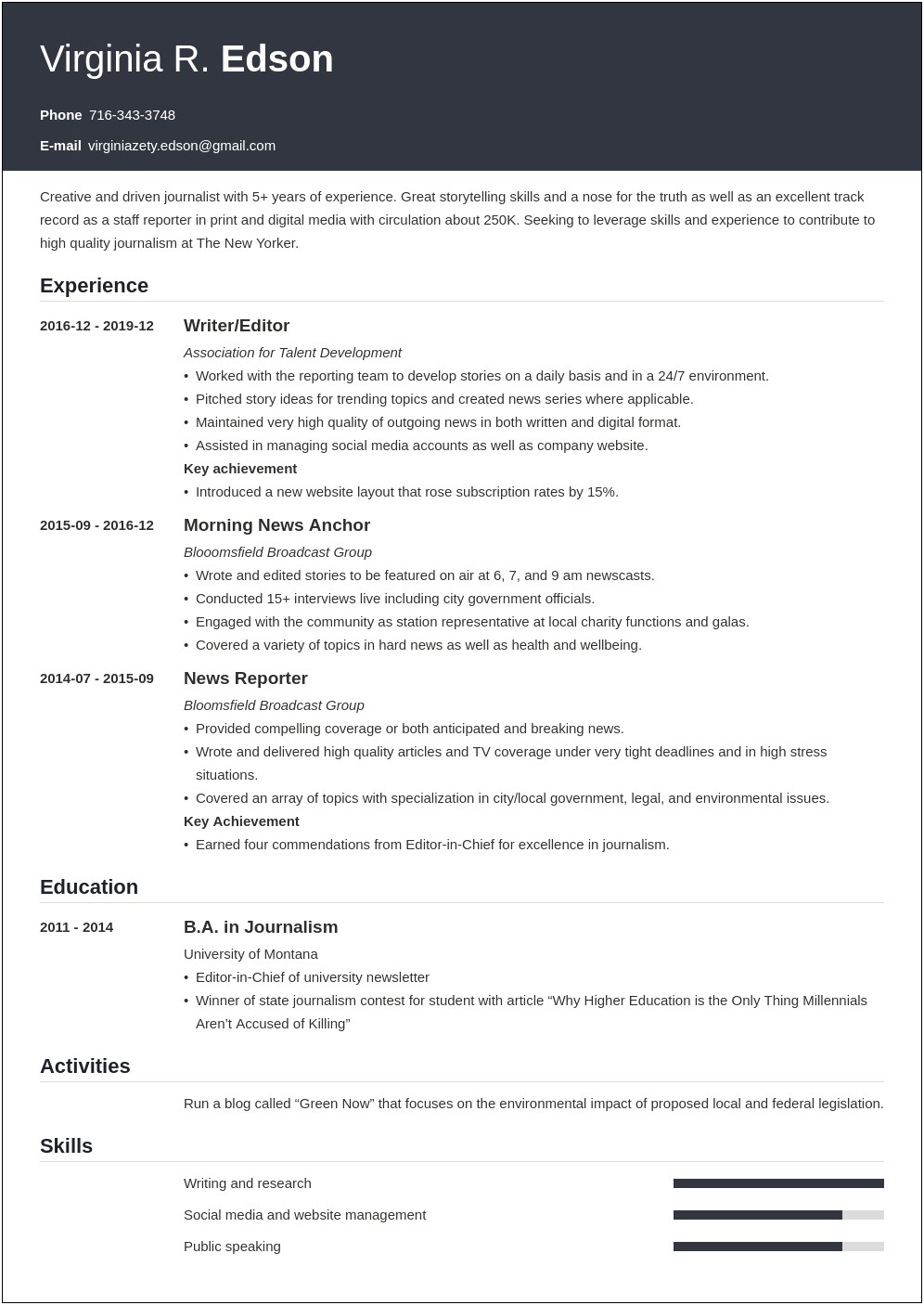 Sample Resume For Editor In Chief