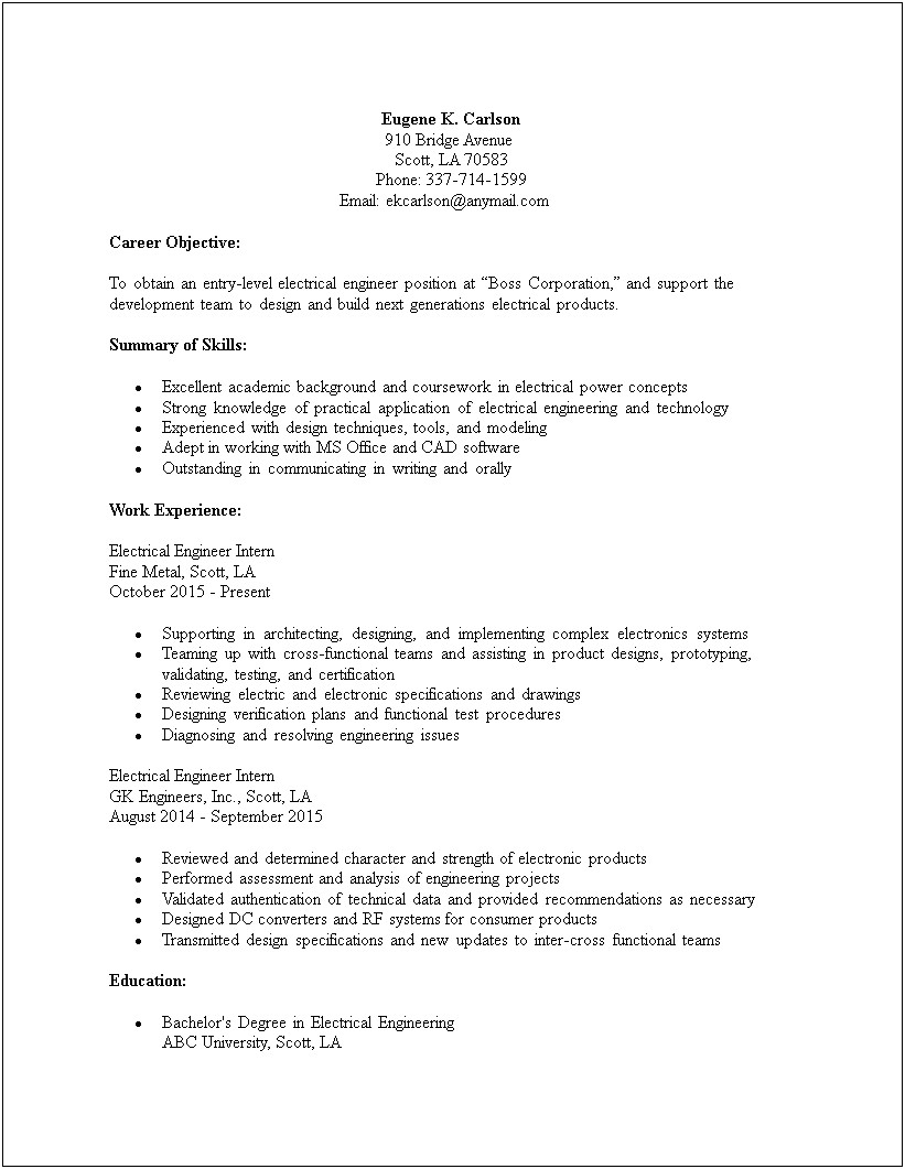 Sample Resume For Electrical And Electronics Engineer