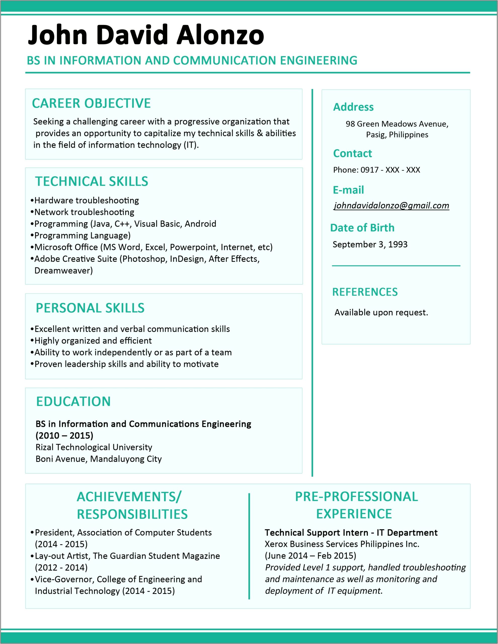 Sample Resume For Electrical Engineer In Philippines