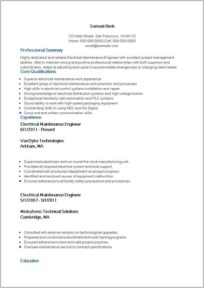 Sample Resume For Electrical Engineer Maintenance