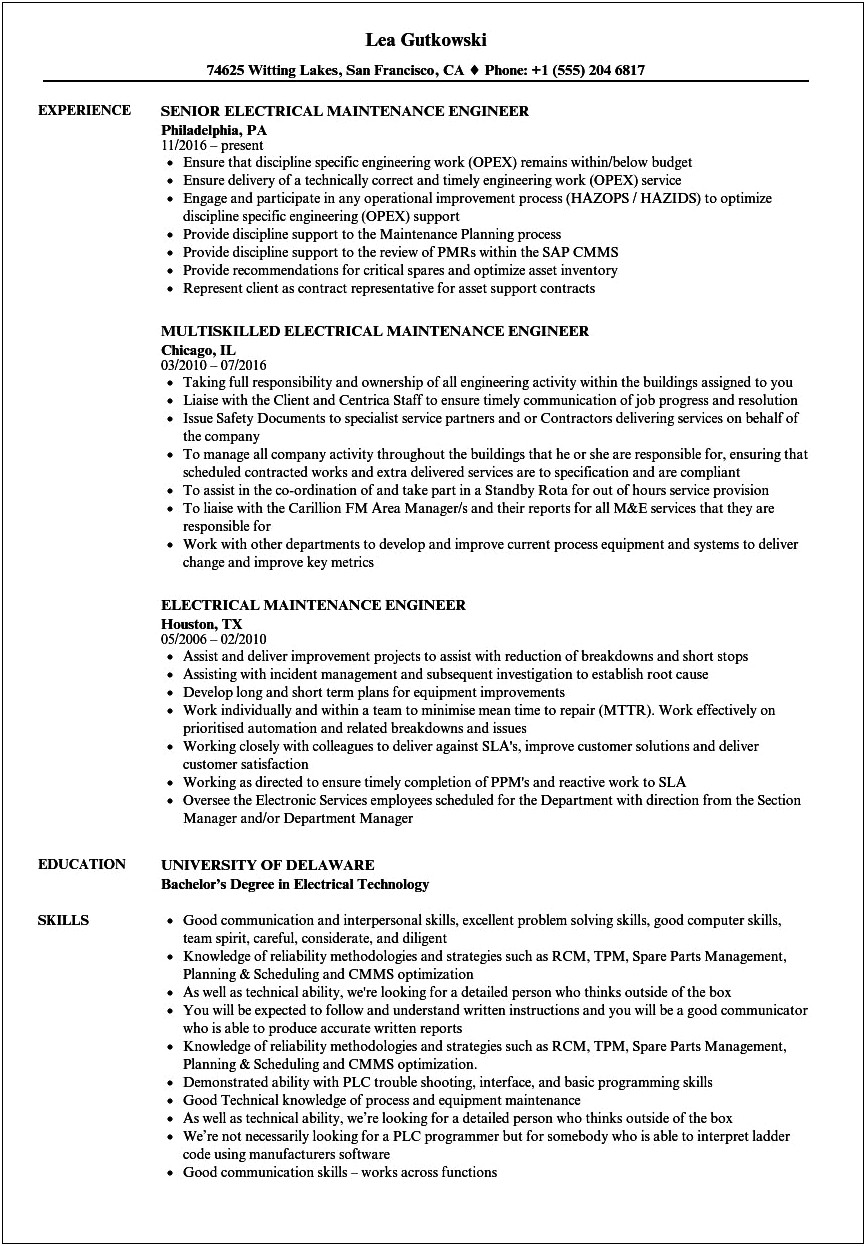 Sample Resume For Electrical Maintenance Technician Pdf